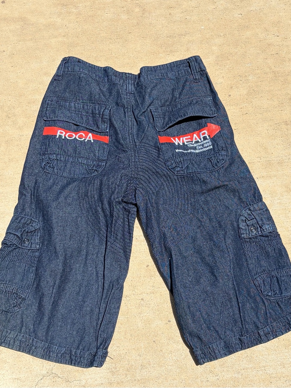 Rocawear Dark Blue Denim Cargo Shorts with Red Logo Accent